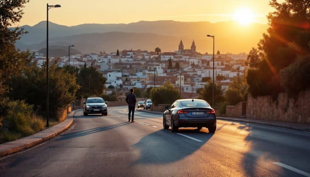 carretera en pendiente con coches y motocicleta en paisaje urbano durante atardecer