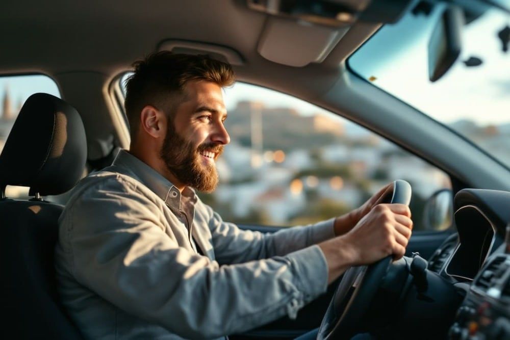 hombre con barba conduciendo auto y mirando hacia la ventana lateral