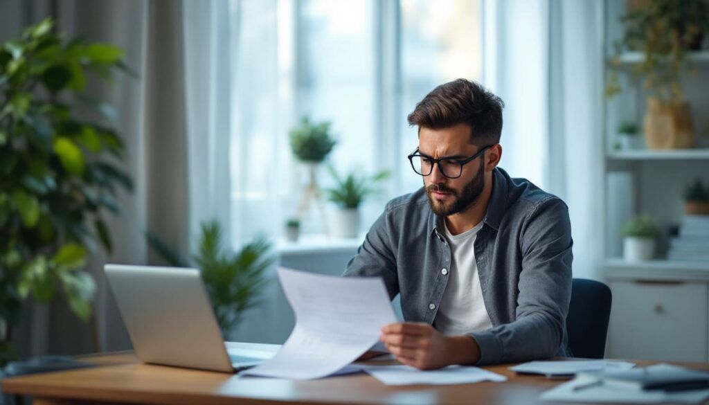 hombre con barba leyendo documento en oficina moderna con plantas y portatil