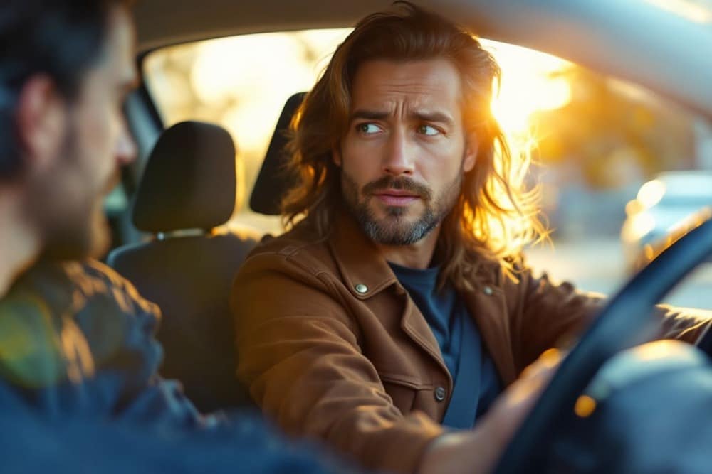 dos hombres conversando mientras conducen en coche en ambiente urbano con luz natural