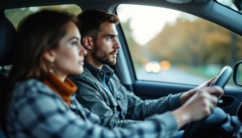 hombre y mujer conduciendo juntos en coche en ambiente de atardecer