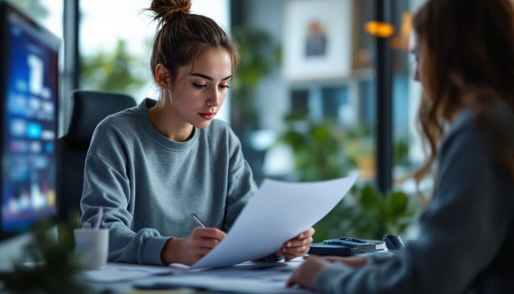 mujer leyendo documentos en oficina o salon con iluminacion natural